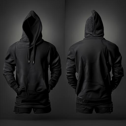 a black hoodie 3D mockup,hands in pockets, 4K, front and back view, dark-grey background