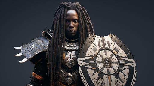 a black human warrior with dreads carrying an oval shaped pointed shield in his left hand. The shield he is carrying has highly futuristic tech embedded onto the inner and outer of the shield. The shield has a logo of a monkey and a design pattern inspired by a mother board chip around the logo on the shield. The warrior is wearing a zulu tradition outfit called ibheshu made of wild animal hides. The warrior is carrying a spear in his right hand. hyper-realistic photography, cinematic, natural light, dark colours, depth of field, HDR, ultra-wide, high contras, 4K --ar 16:9