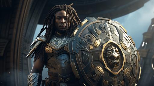 a black human warrior with dreads carrying an ultra realistic oval shaped pointed shield in his left hand. The shield he is carrying has highly futuristic tech embedded onto the inner and outer of the shield. The shield has a logo of a 3d monkey and a design pattern inspired by a mother board chip around the logo on the shield. The warrior is wearing a zulu traditional outfit called ibheshu made of wild animal hides. The warrior is carrying a spear in his right hand and is in battle mode screaming a . hyper-realistic photography, cinematic, natural light, dark colours, depth of field, HDR, ultra-wide, high contras, 4K --ar 16:9