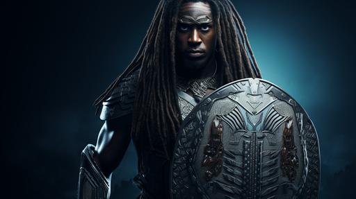a black human warrior with dreads carrying an ultra realistic oval shaped pointed shield in his left hand. The shield he is carrying has highly futuristic tech embedded onto the inner and outer of the shield. The shield has a logo of a 3d monkey and a design pattern inspired by a mother board chip around the logo on the shield. The warrior is wearing a zulu traditional outfit called ibheshu made of wild animal hides. The warrior is carrying a spear in his right hand and is in battle mode screaming a . hyper-realistic photography, cinematic, natural light, dark colours, depth of field, HDR, ultra-wide, high contras, 4K --ar 16:9