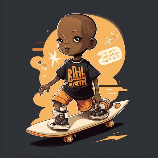 a black little boy no hair wearing skates wearing a rocketship t shirt cartoon style--ar