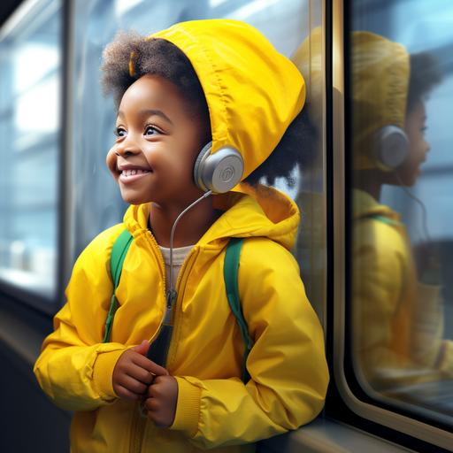 a black little girl wearing a bright yellow jogging suit , with a big grin, looking out the window at the airport, in the style of nene thomas, black arts movement, extruded design, canon 7 - at 93:128-- style raw