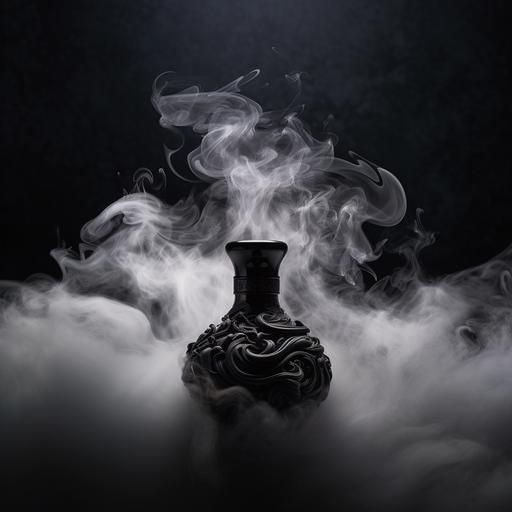 a black lotion bottle with fumes coming from the top like beautiful smoke