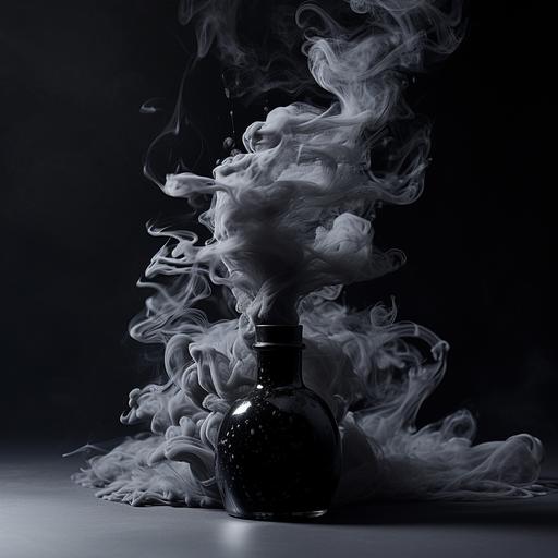 a black lotion bottle with fumes coming from the top like beautiful smoke