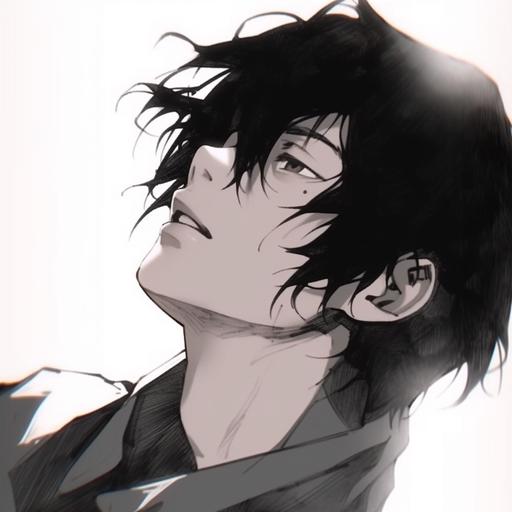 a black male anime character with black hair looking up at the sky, in the style of black and white realism, messy, animated gifs, i can't believe how beautiful this is, light yellow and dark gray, photo, handsome --ar 1:1 --niji 5