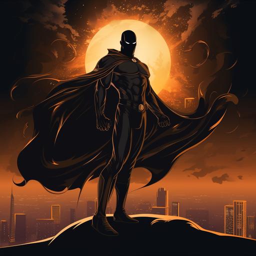 a black male superhero character in a bronze suit and cape, flowing bronze energy aura emanating from him, standing over a midnight city background, full body, action pose, dynamic pose, cinematic, hand drawn animation, comic book cartoon art style
