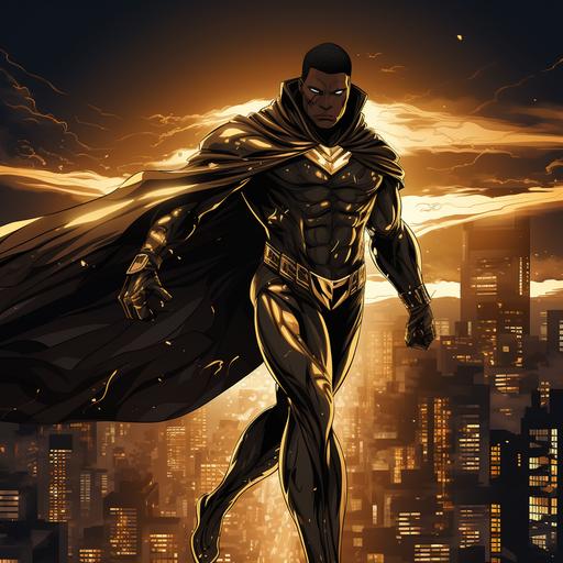 a black male superhero character in a bronze suit and cape, flowing bronze energy aura emanating from him, standing over a midnight city background, full body, action pose, dynamic pose, cinematic, hand drawn animation, comic book cartoon art style