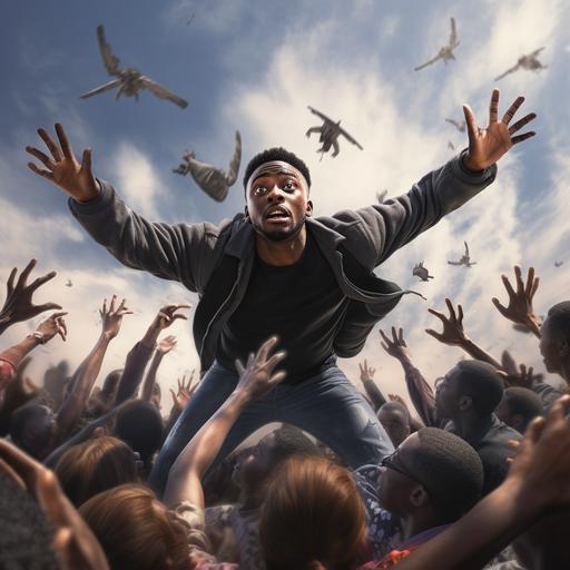 a black man flying to the sky. on the ground wemen crowd trying to reach for him and pull him back down, hyper realistic, 4k