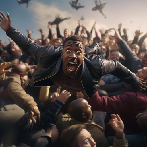 a black man flying to the sky. on the ground wemen crowd trying to reach for him and pull him back down, hyper realistic, 4k
