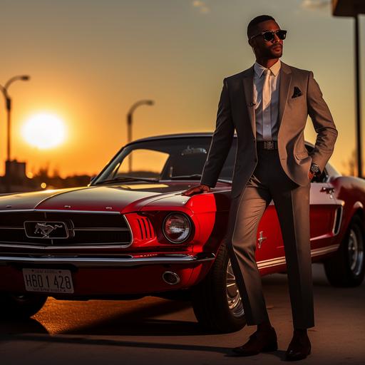 a black man in his mid-40s wearing a black pinstripe 3 piece suit, with a white shirt and red tie, wearing black and white oxford shoes standing next to a red 1969 ford mustang with the top down with the sun setting in the background.