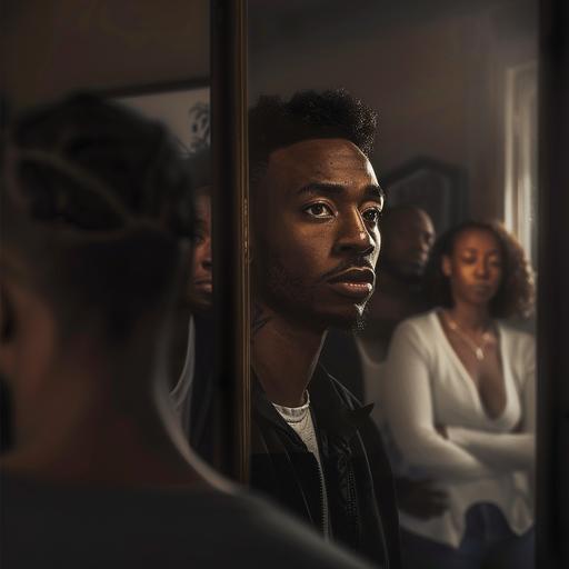 a black man looking in a mirror surrounded by societal expectations, black mother father sister. also a beautiful white women in the distance