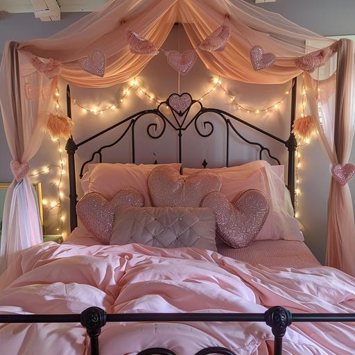 a black metal bed frame with a vintage welded heart shaped headboard with a bed that has pink silk sheets and cute heart shaped pillows on it with a pink princess canopy with white fairy lights hanging from the canopy
