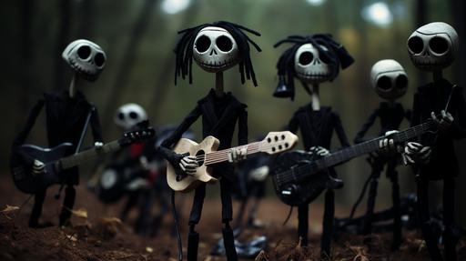 a black metal skeleton band like in the nightmare before christmas style, by tim burton, like stop motion movie, tilt-shift --ar 16:9
