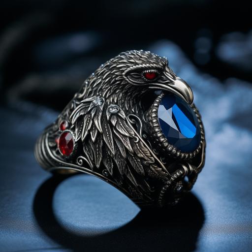 a black onyx ring in the shape of a ravens head with a big ruby in its beak, on a blue fur rug