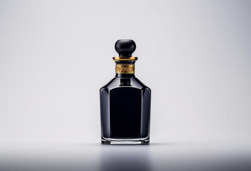 a black perfume bottle against a white background, in the style of lomo, golden age aesthetics, post processing, dark navy, dau al set, synthetism-inspired, pure color --ar 128:87