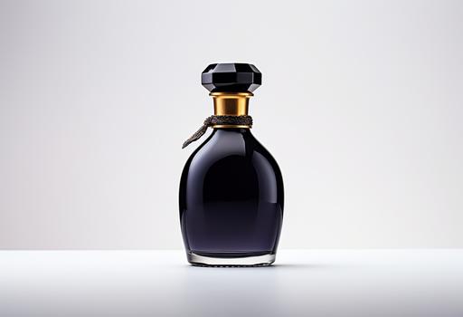 a black perfume bottle against a white background, in the style of lomo, golden age aesthetics, post processing, dark navy, dau al set, synthetism-inspired, pure color --ar 128:87
