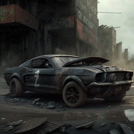 a black s197 mustang with rear window louvers, driving through a post apocalyptic world