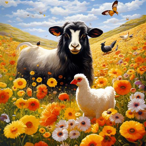 a black sheep ewe, and a golden hen chicken, playing together in heaven. and fields of beautiful flowers, a happy day