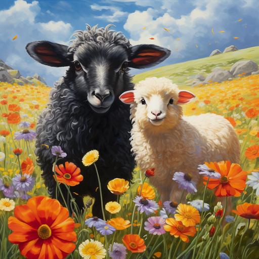 a black sheep ewe, and a golden hen chicken, playing together in heaven. and fields of beautiful flowers, a happy day