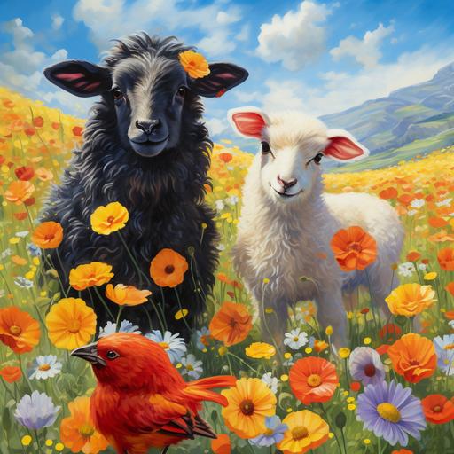 a black sheep ewe, and a golden hen chicken, playing together in heaven. and fields of beautiful flowers, a happy day