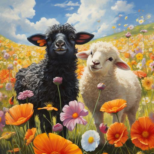 a black sheep ewe, and a golden hen chicken, playing together in heaven. and fields of beautiful flowers, a happy day