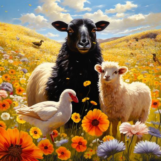 a black sheep ewe, and a golden hen chicken, playing together in heaven. and fields of beautiful flowers, a happy day