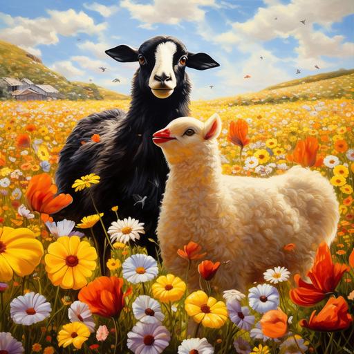 a black sheep ewe, and a golden hen chicken, playing together in heaven. and fields of beautiful flowers, a happy day