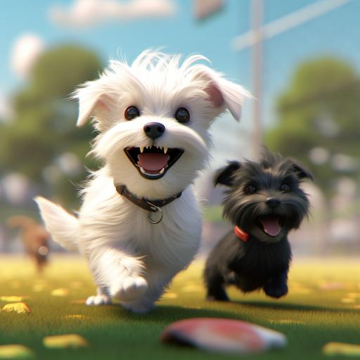 a black shitzu/maltese puppy, playing at a dog park with a slightly smaller white dog, Pixar animation style, so cute I can't believe it, sharp details, colorful ar 8:5
