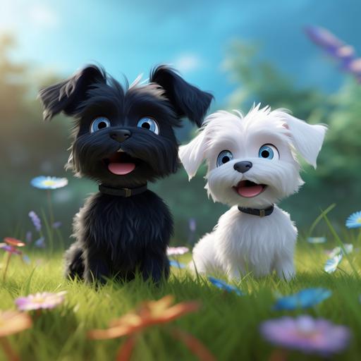 a black shitzu/maltese puppy, playing at a dog park with a slightly smaller white dog, Pixar animation style, so cute I can't believe it, sharp details, colorful ar 8:5