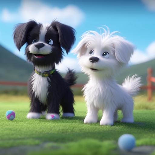 a black shitzu/maltese puppy standing near a smaller white fluffy puppy, Kofi and Travy, eagerly wagging their tails at the entrance of the dog park. Pixar animation style, so cute I can't believe it, sharp details, colorful ar 8:5