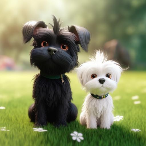 a black shitzu/maltese puppy with long ears, playing at a dog park with a slightly smaller white dog, Pixar animation style, so cute I can't believe it, sharp details, colorful