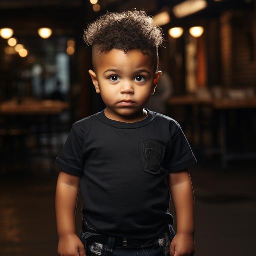 a black toddler wearing a plain black tshirt, police themed background