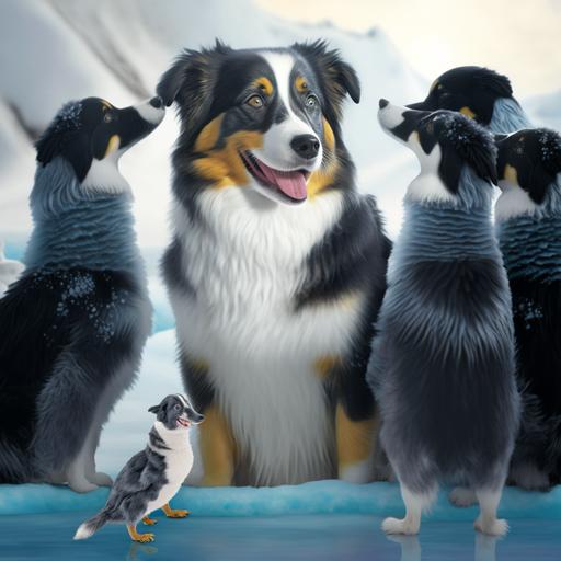 a black tri mix Australian shepherd in Alaska with a group of emperor penguins, Disney Pixar, happy and bright