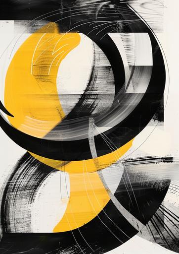 a black white yellow painting is shown, in the style of kinetic lines and curves, bold lithographic, cathy wilkes, layered mesh, holotone printing, strong line work, harmonious coloration, Space Pirate --ar 5:7 --style raw --v 6.0