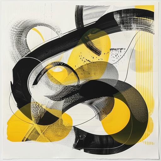 a black white yellow painting is shown, in the style of kinetic lines and curves, bold lithographic, cathy wilkes, layered mesh, holotone printing, strong line work, harmonious coloration, Space Pirate--ar 5:7 --style raw --v 6.0