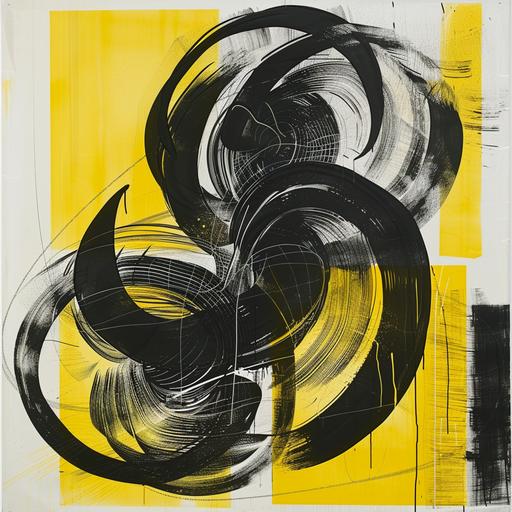 a black white yellow painting is shown, in the style of kinetic lines and curves, bold lithographic, cathy wilkes, layered mesh, holotone printing, strong line work, harmonious coloration, Space Pirate--ar 5:7 --style raw --v 6.0