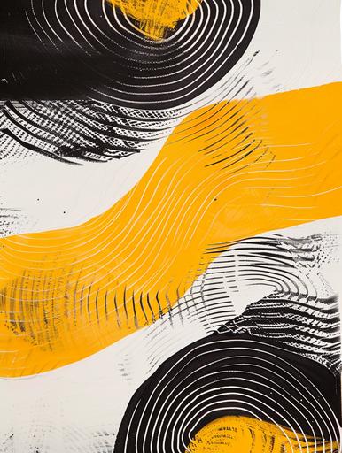 a black white yellow painting is shown, in the style of kinetic lines and curves, bold lithographic, cathy wilkes, layered mesh, holotone printing, strong line work, harmonious coloration, crop circles --style raw --v 6.0 --ar 3:4