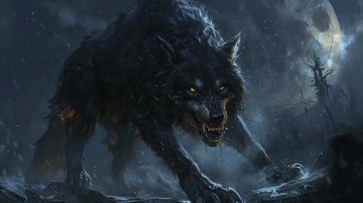 a black wolf the size of a mountain, razor-sharp claws, glowing golden eyes, a look of hunger on his face, full body portrait, fantasy themed, night time background --ar 16:9