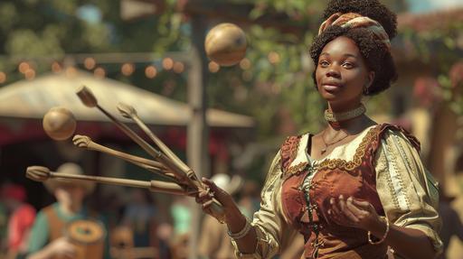 a black woman at a renaissance festival. she's holding three wooden sticks and juggling them. realistic. photorealistic. wide view. --ar 16:9