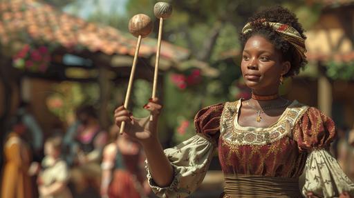 a black woman at a renaissance festival. she's holding three wooden sticks and juggling them. realistic. photorealistic. wide view. --ar 16:9