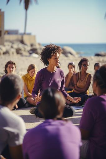 a black woman is teaching another adults in a plaza, in front of a beach. The students are sitting arrownd the woman, listening with attention all the informations. She is wearing a purple tshirt, looking like an 1970 woman. Use wide angle, grainy photo style, 1970s era and a day light mode. Use olive green collor only in the details --ar 2:3