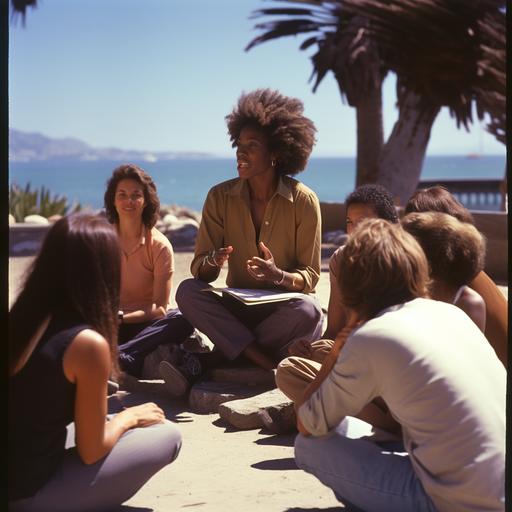 a black woman is teaching another adults in a plaza, in front of a beach. The students are sitting arrownd the woman, listening with attention all the informations. All they are happy. She is wearing a purple tshirt, looking like an 1970 woman. Use wide angle, grainy photo style, 1970s era and a day light mode. Use yellow gold collor only in the details
