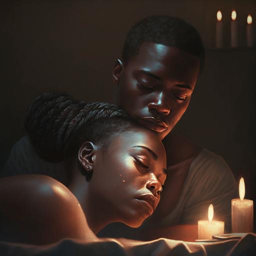 a black woman massaging a black man back hile he is laying down in dark candle light room, ambience, romance