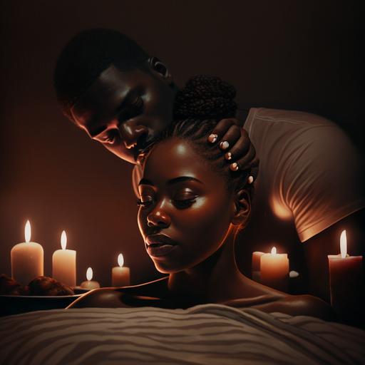 a black woman massaging a black man back hile he is laying down in dark candle light room, ambience, romance