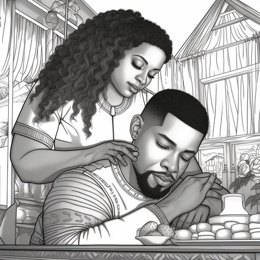 a black woman massaging a black man back while he is laying down in a candle lit bedroom, ambience, romance, adult coloring pages, coloring book style, coloring book pages, black and white, coloring pages, coloring book, crisp lines.