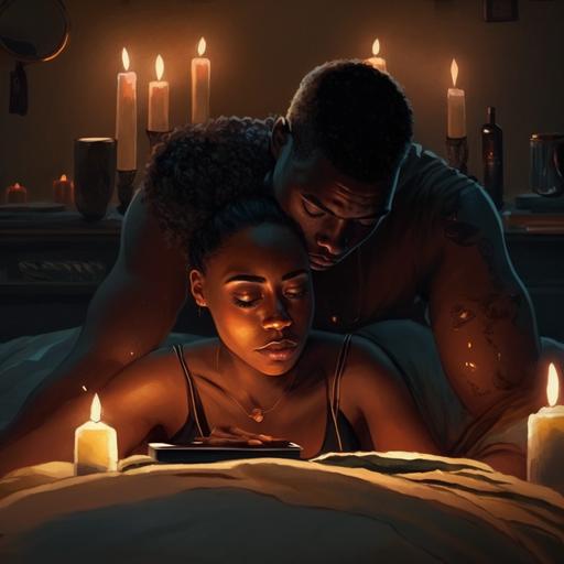 a black woman massaging a black man back while he is laying down in bed in dark candle light room, ambience, romance