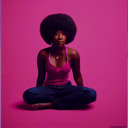 a black woman sitting on top of a pink floor, massive chest, a poster by Terrell James, featured on cg society, private press, black background, full body, studio lighting --test --creative