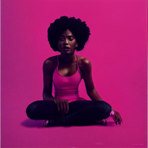 a black woman sitting on top of a pink floor, massive chest, a poster by Terrell James, featured on cg society, private press, black background, full body, studio lighting --test --creative