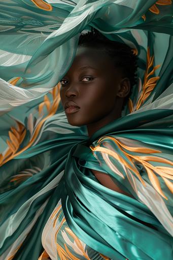 a black woman wearing an abstract silk dress that looks like a teal, in the style of james bullough, dark white and emerald, luxurious drapery, daniela uhlig, asymmetrical patterns, light teal and light gold, luxurious fabrics --ar 2:3