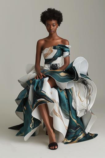 a black woman wearing an abstract silk dress that looks like a teal, in the style of james bullough, dark white and emerald, luxurious drapery, daniela uhlig, asymmetrical patterns, light teal and light gold, luxurious fabrics --ar 2:3 --v 6.0